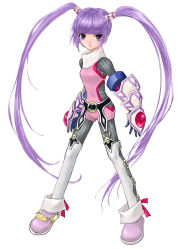 Rule 34 | 1girl, bodysuit, expressionless, full body, gauntlets, gloves, inomata mutsumi, long hair, o-ring, pink footwear, purple eyes, purple hair, shoes, solo, sophie (tales), standing, tales of (series), tales of graces, thighhighs, twintails, white background, white thighhighs