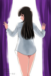 Rule 34 | 1girl, artist name, backlighting, blunt bangs, bottomless, brown eyes, brown hair, closed mouth, commentary, curtains, dated, dress shirt, from behind, girls und panzer, long hair, long sleeves, looking at viewer, looking back, matsui yasutsugu, mature female, naked shirt, nishizumi shiho, one-hour drawing challenge, shirt, signature, smile, solo, standing, straight hair, white background