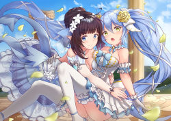 Rule 34 | 2girls, :o, absurdres, ahoge, arm garter, ass, bare shoulders, blue dress, blue eyes, blue hair, blue ribbon, blue sky, blush, breast press, breasts, brown hair, choker, cleavage, closed mouth, cloud, collarbone, commentary request, day, detached sleeves, dress, elf, floating hair, flower, frilled choker, frills, gloves, hair between eyes, hair bun, hair flower, hair ornament, heart, heart ahoge, highres, hug, huge filesize, king&#039;s raid, knees up, large breasts, layered dress, long hair, long sleeves, looking at viewer, mirianne (king&#039;s raid), multiple girls, open mouth, outdoors, petals, pointy ears, ponta (velmar), revision, ribbon, rose, sidelocks, single hair bun, sitting, sky, smile, sonia (king&#039;s raid), symmetrical docking, thighhighs, twintails, very long hair, white dress, white flower, white gloves, white legwear, yellow eyes, yellow flower