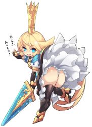 Rule 34 | 1girl, :d, ass, blonde hair, blue eyes, charlotta (granblue fantasy), commentary request, crown, dress, from behind, full body, gauntlets, granblue fantasy, hair between eyes, highres, holding, holding sword, holding weapon, karukan (monjya), long hair, looking at viewer, open mouth, simple background, smile, solo, sword, teeth, thighhighs, translation request, upper teeth only, very long hair, weapon, white background