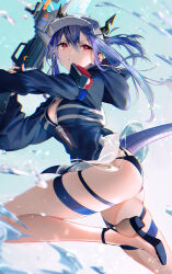Rule 34 | 1girl, arknights, ass, baseball cap, bikini, bikini under clothes, black bikini, black footwear, black jacket, blue background, blue hair, breasts, ch&#039;en (arknights), ch&#039;en the holungday (arknights), cleavage, dragon girl, dragon horns, dragon tail, eyewear on headwear, from side, gradient background, gun, hat, highres, holding, holding gun, holding weapon, hood, hood down, hooded jacket, horns, jacket, leg up, long hair, long sleeves, looking at viewer, looking to the side, medium breasts, official alternate costume, parted lips, sandals, solo, strappy heels, sunglasses, swimsuit, tail, tarutaru yamaoka, thigh strap, thighs, v-shaped eyebrows, water, water gun, weapon, white hat