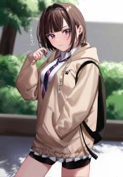 Rule 34 | 1girl, backpack, bag, baggy clothes, bike shorts, bike shorts under skirt, blush, breasts, brown hair, bush, buttons, chigusa minori, collared shirt, commentary request, corrupted twitter file, cowboy shot, drawstring, twirling hair, hairband, hand in pocket, highres, hood, hoodie, looking at viewer, medium breasts, necktie, open clothes, open hoodie, pleated skirt, purple eyes, shino to ren, shirayuki ren, shirt, short hair, shorts, shorts under skirt, sidewalk, skirt, solo, tree, wall