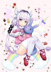 Rule 34 | 10s, 1girl, :o, ass, beads, blue eyes, blunt bangs, blush, capelet, chocolate, dragon girl, dragon horns, duji amo, flower, full body, hair beads, hair ornament, hairband, heart, highres, horns, kanna kamui, knees together feet apart, kobayashi-san chi no maidragon, light purple hair, long hair, looking at viewer, pink flower, pink rose, red flower, red footwear, red rose, rose, shoes, sitting, solo, stuffed animal, stuffed rabbit, stuffed toy, tail, thighhighs, unicorn, usagihime, very long hair, white thighhighs, yellow flower, yellow rose