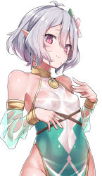Rule 34 | 1girl, antenna hair, breasts, covered navel, detached sleeves, flower, grey hair, hair between eyes, hair flower, hair ornament, highres, kokkoro (princess connect!), konnyaku (kk-monmon), pelvic curtain, pink flower, pointy ears, princess connect!, purple eyes, see-through, see-through sleeves, short hair, simple background, small breasts, smile, solo, wet, wet clothes, white background