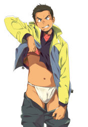 Rule 34 | 1boy, brown hair, clothes lift, clothes pull, cowboy shot, facial hair, fundoshi, grin, highleg, jacket, japanese clothes, male focus, male underwear, navel, original, pants, pants pull, shirt lift, simple background, smile, solo, stubble, tanaka (tanakasunsun), underwear, white male underwear