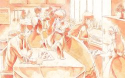 Rule 34 | 1boy, 5girls, apron, beatrice (umineko), beatrice castiglioni, bonnet, bow, choker, clair vaux bernardus, cookie, cooking, dress, flower, food, hair bun, hair flower, hair ornament, kitchen, knife, monochrome, multiple girls, multiple persona, no naku koro ni (series), ryuukishi07, single hair bun, starhoshi, table, tray, umineko no naku koro ni, ushiromiya battler