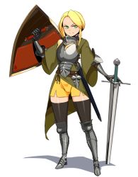 Rule 34 | 1girl, armor, armored boots, belt, black thighhighs, blonde hair, boots, breastplate, coat, couter, cuirass, elbow pads, faulds, female knight, full body, gauntlets, greaves, green coat, green eyes, holding, holding shield, holding sword, holding weapon, knee pads, knight, leather belt, looking at viewer, nisetanaka, original, planted sword, planted weapon, poleyn, shadow, sheath, shield, shorts, solo, standing, sword, thighhighs, weapon, white background, wide sleeves, yellow shorts
