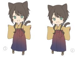Rule 34 | 1girl, :d, animal ears, bad id, bad twitter id, black hair, boots, brown footwear, brown hakama, brown kimono, cat ears, cat girl, cat tail, commentary request, cross-laced footwear, fang, green eyes, hakama, hakama skirt, japanese clothes, kimono, lace-up boots, long hair, long sleeves, looking at viewer, midorikawa you, multiple views, open mouth, original, pinching sleeves, simple background, skirt, sleeves past wrists, smile, tail, tail raised, unfinished, white background, wide sleeves