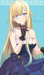Rule 34 | 1girl, absurdres, aizawa ema, aizawa ema (1st costume), bare shoulders, black choker, black gloves, blonde hair, blue dress, blue eyes, character name, choker, chromatic aberration, criss-cross halter, curtsey, dress, frilled dress, frills, gloves, gradient hair, hair ornament, hairclip, halterneck, highres, kake udon, lace, lace choker, long hair, looking at viewer, multicolored hair, solo, very long hair, virtual youtuber, vspo!