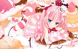 Rule 34 | 1girl, animal ears, bad id, bad pixiv id, bell, blue eyes, blush, bow, bridal gauntlets, cat ears, cat tail, dress, food, hair bell, hair bow, hair ornament, hat, heart, heart-shaped pupils, highres, long hair, looking at viewer, lying, original, pink hair, ribbon, sakuragi yuzuki, smile, solo, sparkle, striped clothes, striped dress, striped thighhighs, symbol-shaped pupils, tail, tail ornament, tail ribbon, thighhighs, twintails