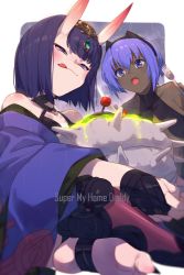 Rule 34 | 2girls, bare shoulders, bob cut, breasts, dark-skinned female, dark skin, echo (circa), eyeliner, fate/grand order, fate/prototype, fate/prototype: fragments of blue and silver, fate (series), hassan of serenity (fate), headpiece, horns, japanese clothes, kimono, long sleeves, makeup, multiple girls, oni, purple eyes, purple hair, purple kimono, revealing clothes, short hair, shuten douji (fate), skin-covered horns, small breasts, wide sleeves