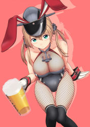 Rule 34 | anchor earrings, anchor necklace, animal ears, bare shoulders, beer mug, blonde hair, blue eyes, breasts, cleavage, cup, dated, earrings, fake animal ears, fishnet thighhighs, fishnets, gloves, grey hat, hair between eyes, hat, holding, jewelry, kantai collection, large breasts, leotard, light blush, long hair, looking at viewer, military hat, moke ro, mug, necklace, playboy bunny, prinz eugen (kancolle), rabbit ears, red background, smile, solo, thighhighs, twintails, twitter username, white gloves, wrist cuffs