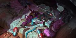 Rule 34 | 1girl, bandolier, belt, bikini, bikini top only, braid, breasts, bullet, fingerless gloves, gloves, highres, jinx (league of legends), league of legends, legends of runeterra, long hair, midriff, official art, pale skin, pink eyes, short shorts, shorts, single thighhigh, small breasts, swimsuit, tattoo, thighhighs, twin braids, very long hair, weapon