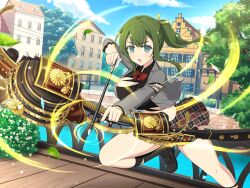 1girl ankle_socks archery architecture arrow_(projectile) aura blue_eyes bow_(weapon) breasts building bush cleavage compound_bow drawing_bow fighting_stance green_hair hiyori_(senran_kagura) holding holding_arrow holding_bow_(weapon) holding_weapon jumping large_breasts non-web_source official_art open_mouth plant ponytail river school_uniform senran_kagura senran_kagura_new_link serious socks torn_clothes tree weapon