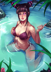 Rule 34 | 1girl, bare shoulders, barefoot, beckoning, bikini, black hair, grabbing another&#039;s breast, breasts, cleavage, double bun, drill hair, glowing, glowing eye, glowing eyes, grabbing, hair ornament, han juri, kachima, kneeling, licking lips, lips, looking at viewer, naughty face, navel, parted lips, partially submerged, pool, purple bikini, purple eyes, rock, grabbing own breast, short hair, short twintails, solo, spider web print, spiked hair, street fighter, street fighter iv (series), swimsuit, tongue, tongue out, twin drills, twintails, water