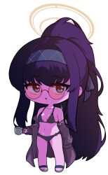 Rule 34 | 1girl, bare shoulders, bikini, black bikini, blue archive, breasts, breasts apart, chibi, collarbone, commentary, cup, full body, halo, high ponytail, highres, holding, holding cup, hrna, long hair, looking at viewer, navel, no nose, open clothes, parted lips, purple hair, round eyewear, sleeves past fingers, sleeves past wrists, small breasts, solo, standing, sunglasses, swimsuit, ui (blue archive), ui (swimsuit) (blue archive), very long hair, yellow halo