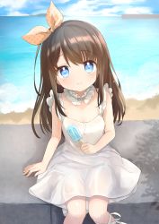 Rule 34 | 1girl, absurdres, beach, blue eyes, blue sky, blush, brown hair, choker, closed mouth, cloud, collarbone, day, dress, feet out of frame, food, frilled choker, frilled dress, frills, hair between eyes, hair ornament, hair ribbon, hand up, highres, holding, holding food, long hair, looking at viewer, mountainous horizon, ocean, orange ribbon, original, outdoors, polka dot, polka dot ribbon, popsicle, ribbon, ribbon choker, shore, sidelocks, sitting, sitting on wall, sky, sleeveless, sleeveless dress, smile, solo, split mouth, sundress, tareme, wall, water, wet, white choker, white dress, white ribbon, yaminabe (szhal14)