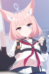 Rule 34 | 1girl, absurdres, animal ears, bedroom, blue archive, blue eyes, blush, bow, closed mouth, fox ears, gloves, highres, looking at viewer, mimikaki, niko (blue archive), pink hair, sailor collar, school uniform, short hair, simpelplant, skirt, smile, solo