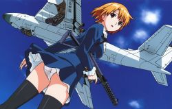 Rule 34 | 1girl, absurdres, agent aika, aika (series), aircraft, airplane, ass, black delmo, black thighhighs, blonde hair, blue dress, blue sky, brown eyes, cloud, crotch seam, day, dress, gun, highres, holding, holding gun, holding weapon, long sleeves, looking at viewer, looking back, misaki (agent aika), neck ribbon, official art, open mouth, outdoors, panties, ribbon, short hair, sky, solo, standing, thighhighs, underwear, weapon, white panties, wind, wind lift, yamauchi noriyasu
