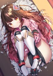 Rule 34 | 1girl, absurdres, ass, black gloves, blunt bangs, blush, box, brown eyes, brown hair, closed mouth, commentary request, floral print, gloves, hair ornament, highres, hololive, in box, in container, japanese clothes, kimono, kirisaki shuusei, knees up, long hair, looking at viewer, mechanical legs, pelvic curtain, pink kimono, print kimono, roboco-san, roboco-san (hoodie), solo, virtual youtuber
