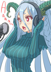 Rule 34 | 1girl, blue hair, braid, breasts, fang, fate/grand order, fate (series), headphones, horns, large breasts, long hair, microphone, nyantiu, pink eyes, sleeves past wrists, sweater, symbol-shaped pupils, tiamat (fate)