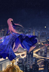 1girl absurdres adjusting_hair bra chinese_commentary city commentary_request confeitoo dress elbow_gloves floating_clothes floating_hair from_behind full_body full_moon gloves gown hair_ornament highres lace lace-trimmed_bra lace_trim long_dress long_hair moon night night_sky nikki_(nikki) nikki_(series) on_roof outdoors pillar pink_hair purple_dress purple_gloves shining_nikki sky solo standing star_(sky) star_(symbol) star_hair_ornament star_print star_sea_(miracle_nikki) starry_sky starry_sky_print straight_hair underwear very_long_hair wind