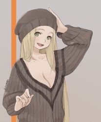 Rule 34 | 10s, 1girl, 2016, :d, artist name, beanie, blonde hair, breasts, cleavage, collarbone, dated, diola (granblue fantasy), fingernails, granblue fantasy, green eyes, hand on headwear, hat, large breasts, long hair, masato (mirai koubou), open mouth, smile, solo