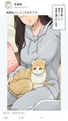 Rule 34 | 1girl, bed, blouse, brown hair, cat, commentary request, glasses, head out of frame, highres, hood, hoodie, instagram, long hair, original, pajamas, pants, parted lips, selfie, shirt, sitting, sweatpants, translation request, wakamatsu372, wariza, white shirt, wooden floor