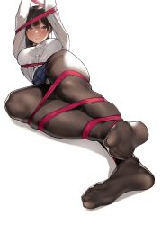 Rule 34 | 1girl, arms up, bad perspective, black pantyhose, blue skirt, blush, bound, breasts, brown eyes, brown hair, dress shirt, feet, highres, large breasts, legs, long hair, looking at viewer, original, panties, panties under pantyhose, pantyhose, pleated skirt, red ribbon, ribbon, shirt, simple background, skirt, solo, thighband pantyhose, thighs, underwear, white background, white panties, yomu (sgt epper)