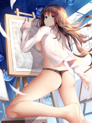 Rule 34 | 1girl, ass, barefoot, black panties, blue eyes, breasts, breasts out, brown hair, bubble, canvas (object), drawing, from behind, hair ornament, highres, indoors, large breasts, leg up, long hair, long sleeves, looking at viewer, looking back, naked shirt, no bra, no legwear, no pants, open clothes, open shirt, original, panties, pencil, shirt, sideboob, smile, solo, thighs, thong, underwear, white shirt, wsman, x hair ornament