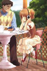 Rule 34 | 1boy, 1girl, absurdres, brown hair, chair, digital media player, eretto, closed eyes, father and daughter, headphones, highres, ipod, original, red footwear, ribbon, shoes, skirt, smile, sweater vest