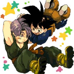 Rule 34 | 2boys, :d, arms up, black hair, blush stickers, boots, dougi, dragon ball, dragonball z, expressionless, floating, full body, grey eyes, hair over one eye, happy, long sleeves, looking at another, lowres, male focus, multiple boys, nitako, open mouth, purple eyes, purple hair, shaded face, short hair, simple background, sleeveless, smile, son goten, spiked hair, star (symbol), trunks (dragon ball), white background, wide-eyed