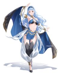 Rule 34 | 1girl, absurdres, bare shoulders, black thighhighs, blue hair, blue hairband, blue skirt, blunt bangs, breasts, cleavage, commentary, commission, cosplay, detached sleeves, fire emblem, fire emblem: three houses, fire emblem awakening, full body, grey eyes, hairband, highres, large breasts, long hair, long sleeves, looking at viewer, marianne von edmund, midriff, moja (rainpoow), navel, nintendo, olivia (fire emblem), olivia (fire emblem) (cosplay), simple background, skirt, solo, standing, stomach, thighhighs, thighs, very long hair, white background