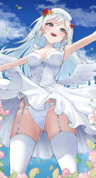 Rule 34 | 1girl, absurdres, angel wings, blue eyes, blue flower, blue sky, blush, breasts, choker, cloud, cloudy sky, cross, cross earrings, dress, earrings, feet out of frame, flower, garter straps, gluteal fold, hair flower, hair ornament, hand out of frame, highres, jewelry, lds (dstwins97), leaf, long hair, looking at viewer, medium breasts, mole, mole under eye, open mouth, original, out of frame, outdoors, outstretched arms, panties, pantyshot, pink flower, red flower, sky, solo, teeth, thighhighs, underwear, upper teeth only, white choker, white dress, white hair, white panties, white thighhighs, wings, yellow flower