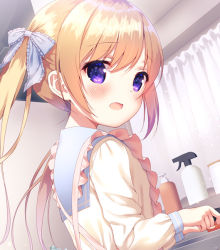 Rule 34 | 1girl, apron, blonde hair, blue bow, blue sailor collar, blush, bottle, bow, chitosezaka suzu, commentary request, curtains, dutch angle, frilled apron, frills, hair between eyes, hair bow, indoors, long hair, long sleeves, looking at viewer, looking to the side, open mouth, original, pink apron, purple eyes, sailor collar, school uniform, serafuku, shirt, sidelocks, solo, spray bottle, twintails, upper body, white shirt