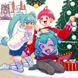 Rule 34 | 2girls, :d, aged up, ahoge, angry, aqua eyes, aqua hair, bell, black dress, black pants, blush, bright pupils, candle, capelet, character print, christmas, christmas ornaments, christmas sweater, christmas tree, clothes grab, commentary, dress, frown, fuwa (precure), gift, glaring, green socks, grey thighhighs, hagoromo lala, hood, hood down, hooded capelet, hoshina hikaru, indoors, kneeling, leaning forward, long hair, long sleeves, looking at another, looking back, multiple girls, open mouth, pants, pink eyes, pink hair, pointy ears, precure, print thighhighs, red sweater, seiza, short dress, short hair, sitting, smile, socks, star twinkle precure, sweater, thighhighs, ton (ton39342104), twintails, twitter username, ugly sweater, very long hair, white capelet, white pupils, wreath