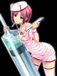 Rule 34 | 1girl, black background, black thighhighs, clipboard, highres, koutaro, large syringe, mouth hold, nurse, oversized object, red hair, rio rollins, simple background, solo, stethoscope, super blackjack, syringe, thermometer, thighhighs