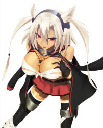 Rule 34 | 10s, 1girl, ashiiru, black gloves, black thighhighs, blonde hair, breast hold, breasts, budget sarashi, cape, cleavage, dark-skinned female, dark skin, fingerless gloves, gloves, headgear, kantai collection, large breasts, miniskirt, musashi (kancolle), no eyewear, personification, pleated skirt, pointy hair, red eyes, sarashi, short hair, simple background, skirt, solo, thighhighs, twintails, two side up, white background, zettai ryouiki
