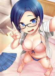 Rule 34 | 1girl, barefoot, bed, bikini, black-framed eyewear, blue eyes, blue hair, blush, breasts, cleavage, feet, foreshortening, from above, front-tie top, glasses, hijiri tsukasa, large breasts, looking at viewer, matching hair/eyes, navel, open clothes, open mouth, open shirt, original, reaching, reaching towards viewer, school uniform, selfie, shirt, side-tie bikini bottom, skirt, unworn skirt, smile, solo, standing, swimsuit, taking picture, toes, v
