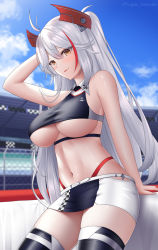 Rule 34 | 1girl, ahoge, arm up, azur lane, blue sky, breasts, closed mouth, hair ornament, highres, large breasts, leaning back, long hair, miniskirt, multicolored hair, navel, official alternate costume, outdoors, prinz eugen (azur lane), prinz eugen (final lap) (azur lane), race queen, racetrack, raised eyebrows, red hair, skirt, sky, solo, streaked hair, thighhighs, thong, togare, tongue, tongue out, two side up, underboob, very long hair, white hair, yellow eyes