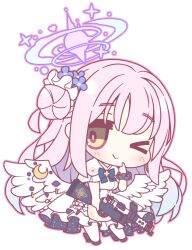 Rule 34 | &gt; o, 1girl, ;&gt;, black footwear, blue archive, blue flower, blush, breasts, brown eyes, capelet, chibi, closed mouth, crescent, dress, feathered wings, flower, full body, gun, hair between eyes, hair bun, hair flower, hair ornament, halo, holding, holding gun, holding weapon, lanchester smg, long hair, low wings, medium breasts, mika (blue archive), one eye closed, outline, pantyhose, pink hair, pink outline, rikumaru, shoes, simple background, single side bun, single wrist cuff, solo, submachine gun, very long hair, weapon, white background, white capelet, white dress, white pantyhose, white wings, wings, wrist cuffs