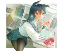 Rule 34 | 1girl, alternate costume, animal ear fluff, animal ears, arknights, arm support, black hair, black pantyhose, blouse, blue sailor collar, blue skirt, book, bookshelf, border, chair, chromatic aberration, collarbone, commentary, cowboy shot, crossed legs, day, desk, dutch angle, english commentary, eraser, expressionless, extra ears, eyelashes, floor, food, food in mouth, from above, from side, hair between eyes, hands up, holding, holding food, holding pocky, indoors, leaning, leaning on object, lit for 20, long hair, long sleeves, looking at viewer, looking to the side, looking up, miniskirt, notebook, on chair, outside border, pantyhose, parted lips, pen, pleated skirt, pocky, pocky in mouth, puffy long sleeves, puffy sleeves, sailor collar, school, school chair, school desk, school uniform, serafuku, shade, shadow, shirt, sitting, skirt, sleeve cuffs, solo, straight hair, sunlight, swept bangs, texas (arknights), thighs, very long hair, white border, white shirt, wolf ears, wolf girl, wooden floor, yellow eyes