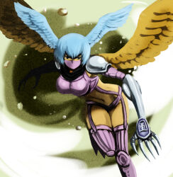 Rule 34 | 1girl, armor, artist request, breasts, curvy, digimon, digimon (creature), harpy, head wings, large breasts, looking at viewer, mask, monster girl, navel, revealing clothes, scarf, short hair, shutumon, wide hips, wings
