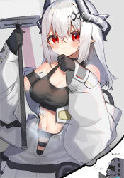 Rule 34 | 1girl, 1other, arknights, black gloves, blush, breasts, cleavage, closed mouth, curled horns, doctor (arknights), gloves, hair between eyes, highres, holding, horns, imagining, jacket, long hair, long sleeves, looking at viewer, medium breasts, moti yousei, mudrock (arknights), mudrock (elite ii) (arknights), navel, off shoulder, open clothes, open jacket, pointy ears, red eyes, silver hair, sleeves past wrists, smile, solo focus, steam, sweat, tablet pc, translation request, white jacket