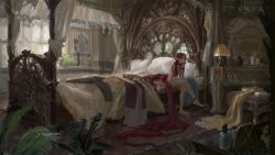 Rule 34 | 1girl, absurdly long hair, bed, bedroom, canopy bed, curtains, dress, female focus, highres, indoors, lamp, crossed legs, long hair, nude, original, paindude, picture frame, plant, potted plant, red hair, sitting, solo, very long hair