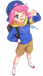 Rule 34 | 10s, 1girl, :d, aikatsu!, aikatsu! (series), aikatsu stars!, backpack, backwards hat, bag, bandaid, bandaid on face, bandaid on nose, baseball cap, blue eyes, blush, brown shorts, commentary request, crime prevention buzzer, full body, hand on own hip, hand up, hat, highres, hood, hood down, hoodie, looking at viewer, one eye closed, open mouth, pink hair, pointing, pointing at self, sakuraba rola, sekina, shoes, short hair, shorts, simple background, smile, socks, solo, uwabaki, v-shaped eyebrows, white background, white socks