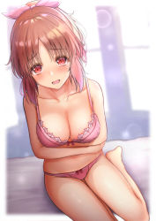 Rule 34 | 1girl, abe nana, arms under breasts, bare arms, bare legs, bare shoulders, barefoot, blurry, blurry background, blush, bow, bow bra, bow panties, bra, breasts, brown hair, cleavage, collarbone, commentary request, depth of field, hair ribbon, highres, idolmaster, idolmaster cinderella girls, looking at viewer, medium breasts, monaka curl, open mouth, panties, parted bangs, pink bra, pink panties, pink ribbon, ponytail, red eyes, ribbon, sitting, solo, underwear, underwear only, yokozuwari