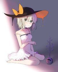 Rule 34 | 1girl, alternate costume, bare arms, bare legs, bare shoulders, barefoot, black hat, bow, breasts, crying, crying with eyes open, dress, full body, gradient background, green hair, grey eyes, hat, hat bow, highres, komeiji koishi, light particles, looking at viewer, medium breasts, orange bow, saple, short dress, short hair, sitting, solo, strap gap, strap slip, tears, third eye, touhou, wariza, white dress