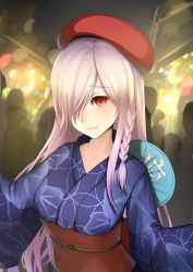 Rule 34 | 1girl, absurdres, alternate costume, beret, blue kimono, braid, breasts, collarbone, commentary request, floral print, g36c (girls&#039; frontline), g36c (ode to summer) (girls&#039; frontline), girls&#039; frontline, hair over one eye, hand fan, hat, highres, japanese clothes, kimono, long hair, medium breasts, obi, official alternate costume, outdoors, paper fan, print kimono, red eyes, red hat, sash, side braid, silver hair, solo focus, uchiwa, very long hair, xxiner