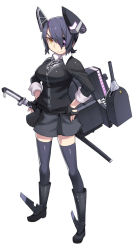 Rule 34 | 10s, 1girl, black gloves, black hair, black thighhighs, boots, breasts, eyepatch, gloves, hands on own hips, headgear, kantai collection, katana, knee boots, large breasts, necktie, personification, school uniform, short hair, skirt, sleeves rolled up, smile, solo, sword, tenryuu (kancolle), thighhighs, weapon, yu 65026, zettai ryouiki